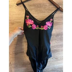 Swimsuit One Piece size Large Black New Embroidered